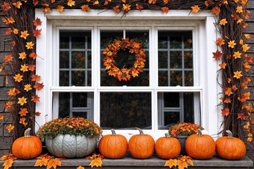 exterior of a house is decorated with harvest of pumpkins and leaves for halloween holiday, window and brick wall, autumn season