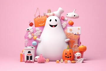 Obraz premium Ghost in white sheet costume holding treat bag against dark background. Halloween sale concept