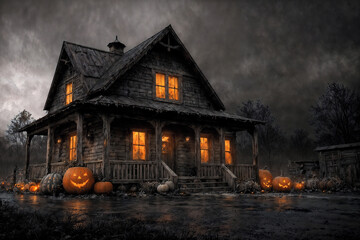 exterior of the old house is decorated with harvest of pumpkins and leaves for halloween holiday, illumination, dark dramatic sky, autumn nature as background