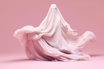 Creepy ghost in white sheet costume emerges from a black background with glowing eyes for a terrifying Halloween image.
