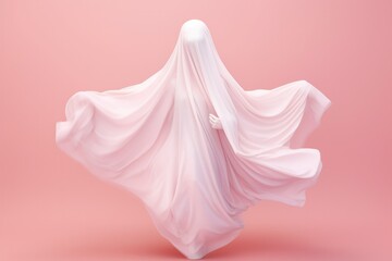 Mysterious ghost in white sheet costume floats through a dark night against a pink background for a spooky and atmospheric Halloween scene.