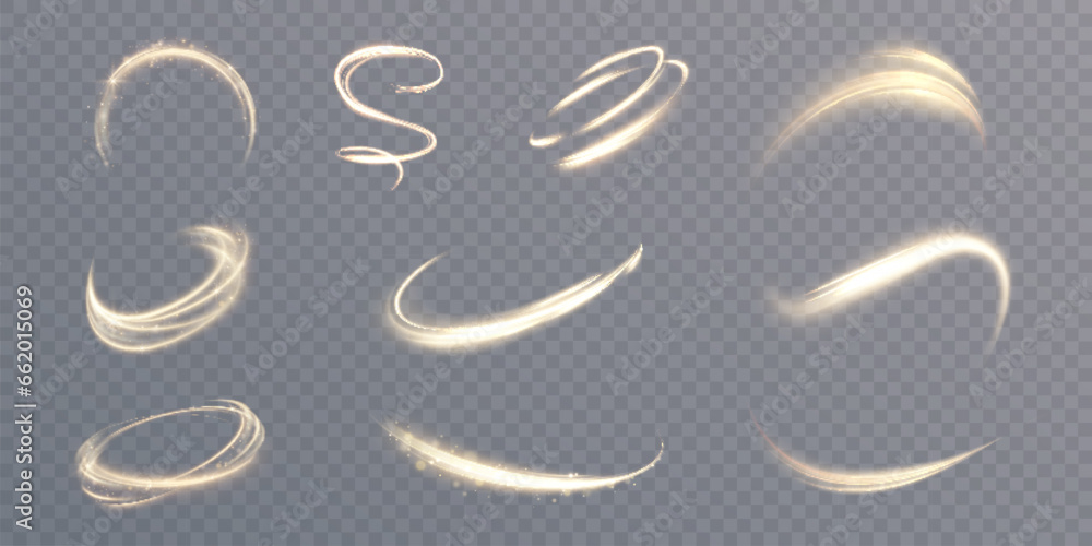 Poster Light golden Twirl. Curve light effect of golden line. Luminous golden circle. Element for your design, advertising, postcards, invitations, screensavers, websites, games.