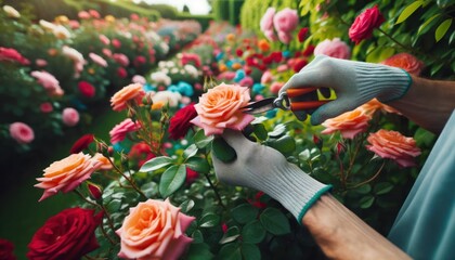 Close-up photo of gloved hands carefully pruning a vibrant rose bush. - obrazy, fototapety, plakaty