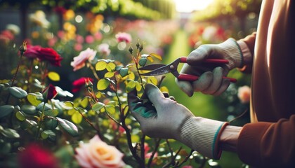 Close-up photo of gloved hands carefully pruning a vibrant rose bush.