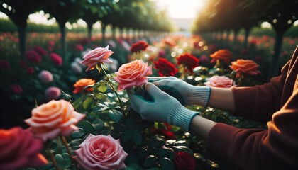 Close-up photo of gloved hands carefully pruning a vibrant rose bush.