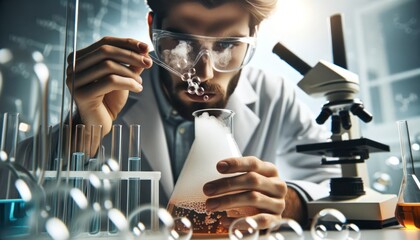 Close-up photo of a scientist keenly observing a chemical reaction within a beaker, surrounded by an array of complex lab equipment