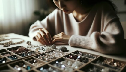 Close-up photo of a designer, deeply engrossed in her work, stringing delicate beads with precision. - Powered by Adobe