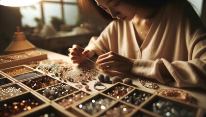 Close-up photo of a designer, deeply engrossed in her work, stringing delicate beads with precision.