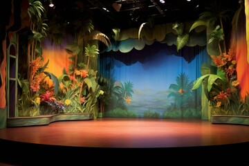 Vibrant theatrical setting with a tropical backdrop and a featureless stage for customization. Generative AI - obrazy, fototapety, plakaty