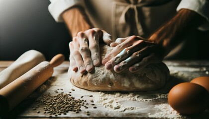 Close-up photo of a baker's hands, covered in flour, skillfully molding a rustic bread loaf. Seeds are scattered around the wooden work surface - obrazy, fototapety, plakaty
