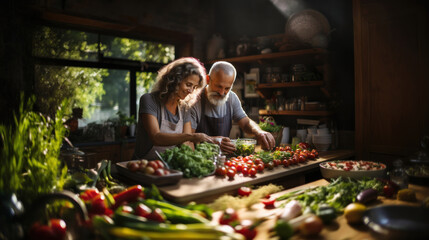 Happy senior couple cooking together in the kitchen at home. Healthy food concept.