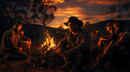 Group of rancho cowboy friends sitting around a campfire in the evening at sunset. - obrazy, fototapety, plakaty