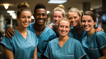 Portrait of smiling medical team standing together in corridor at the hospital. - obrazy, fototapety, plakaty
