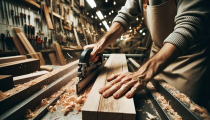 Close-up photo of a carpenter's hands guiding a piece of timber through a buzzing saw, with wood shavings flying around. - obrazy, fototapety, plakaty