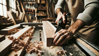 Close-up photo in a workshop setting, capturing the moment a carpenter skillfully maneuvers a timber through a saw.