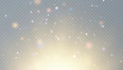 Golden Light effect with many shiny shimmering bokeh particles isolated on transparent background. Vector star cloud with dust.