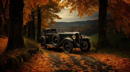 Vintage german car on the road in autumn forest. Retro second world war period. - obrazy, fototapety, plakaty