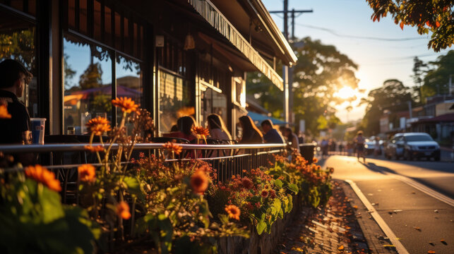 Outdoor cafe on the street in the evening with sunbeams and visitors on terrace.