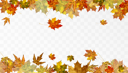 Naklejka na ściany i meble Realistic falling autumn leaves. Autumn flying orange foliage on transparent background, isolated template vector illustration