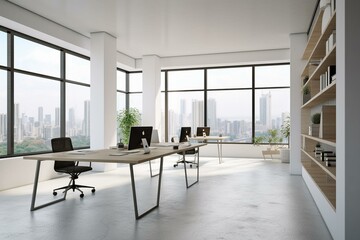 Naklejka na ściany i meble Minimalist urban office with ample space and natural light offering a panoramic city view. Embracing corporate, law, and legal themes. Rendered in 3D. Generative AI