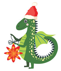 Year of the Dragon 2024, Chinese calendar. Cute green christmas dragon in santa hat