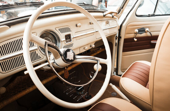 Interior detail of a classic Volkswagem Fusca Beetle 1971 on display at a vintage car fair show in the city of Londrina, Brazil.