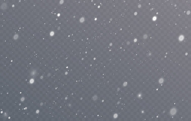 Snow blizzard, Christmas winter background. Snowflakes flying in the sky isolated on transparent background