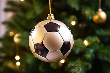 Christmas tree decoration bauble, glass soccer ball hanging on Christmas tree