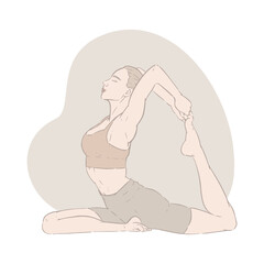 Beautiful girl doing exercise. Cool down, stretch workout. Yoga poses, pilates. Abstract background, neutral colors. Hand-drawn illustration, fashion sketch. Body care and mental health, recreation.