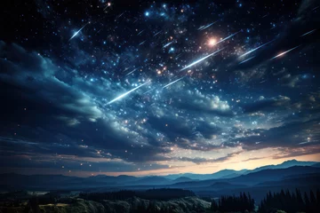 Fototapeten A meteor shower streaking across the night sky, capturing the wonder of celestial events. Concept of astronomical phenomena. Generative Ai. © Sebastian