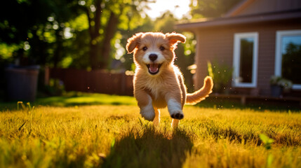 A playful puppy chasing its tail on a sunny backyard lawn.