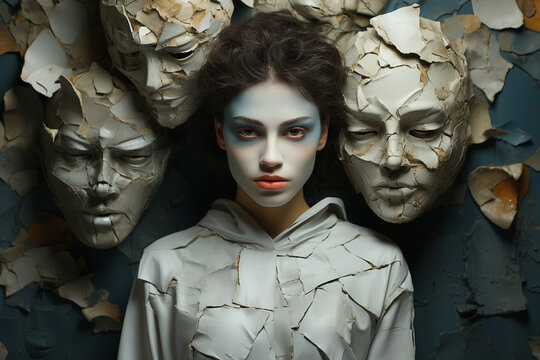 Duality of identity by capturing a person with masks revealing contrasting emotions of Borderline Personality Disorder