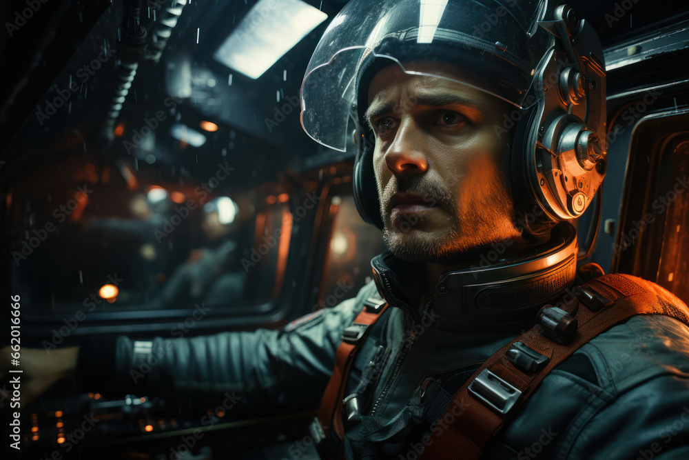 Poster astronauts aboard a spacecraft on a journey to the outer reaches of the solar system, exploring the 