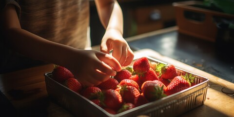 A Kid Reaches for and Grabs a Handful of Fresh, Tempting Strawberries from a Bountiful Harvest - obrazy, fototapety, plakaty