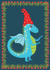Christmas card with cute green dragon. Year of the Dragon 2024, China