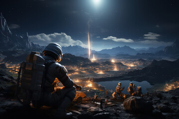 Fototapeta premium Astronauts conducting experiments in a lunar base, paving the way for sustainable human presence on the moon. Concept of lunar research. Generative Ai.