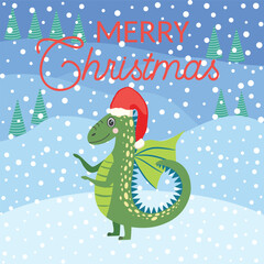 Christmas card with cute green dragon. Year of the Dragon 2024, China