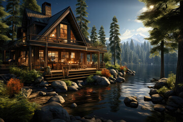Fototapeta na wymiar A serene lakeside cabin surrounded by pine trees, offering a secluded retreat in the heart of nature. Concept of lakeside solitude. Generative Ai.