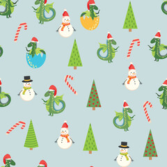 Seamless pattern with cute dragons Christmas design. Chinese New Year background with dragons for 2024
