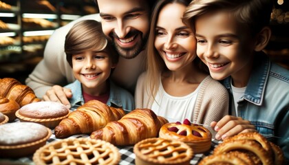 Close-up photo of a family consisting of a father, mother, and two children, eagerly choosing pastries from a display. - obrazy, fototapety, plakaty