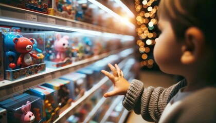 Close-up photo of a young child, captivated by a toy, hand outstretched towards a store shelf glowing with lights - obrazy, fototapety, plakaty