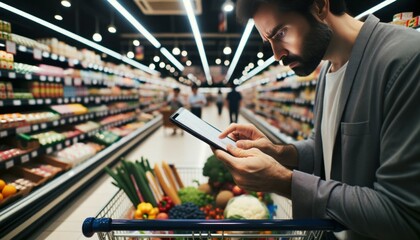 In a bustling supermarket, a close-up photo shows a man deeply engrossed in reading his grocery list. - obrazy, fototapety, plakaty
