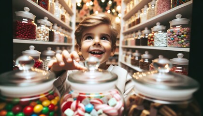 Close-up photo of a little boy, eyes gleaming with delight, reaching towards a jar of colorful candies. - obrazy, fototapety, plakaty
