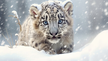 Fototapeta premium White saber-toothed tiger cub in the snow.