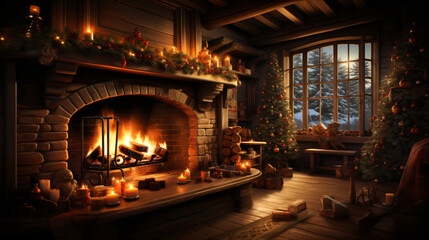 fireplace with burning logs in fireplace