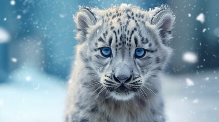 Fototapeta premium White saber-toothed tiger cub in the snow.