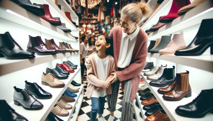 Close-up photo of a mother and daughter in a shoe store, laughing as they try on matching footwear, with rows of diverse shoe styles - obrazy, fototapety, plakaty