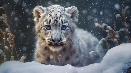 White saber-toothed tiger cub in the snow.