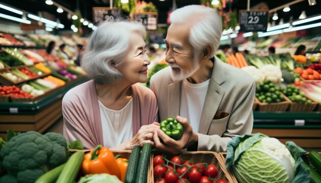 Close-up photo of an elderly asian couple, gazing at each other with affection, while carefully choosing fresh vegetables.
