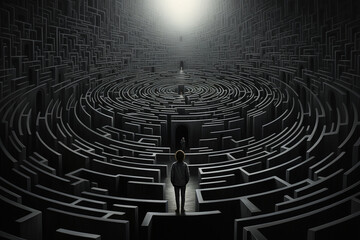 Person standing at the entrance of a surreal maze, representing their thoughts and anxieties, each path twisted and turn, symbolizing the restless mental state of Insomnia Disorder